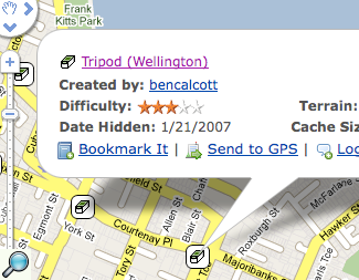 Geocache search results on a map